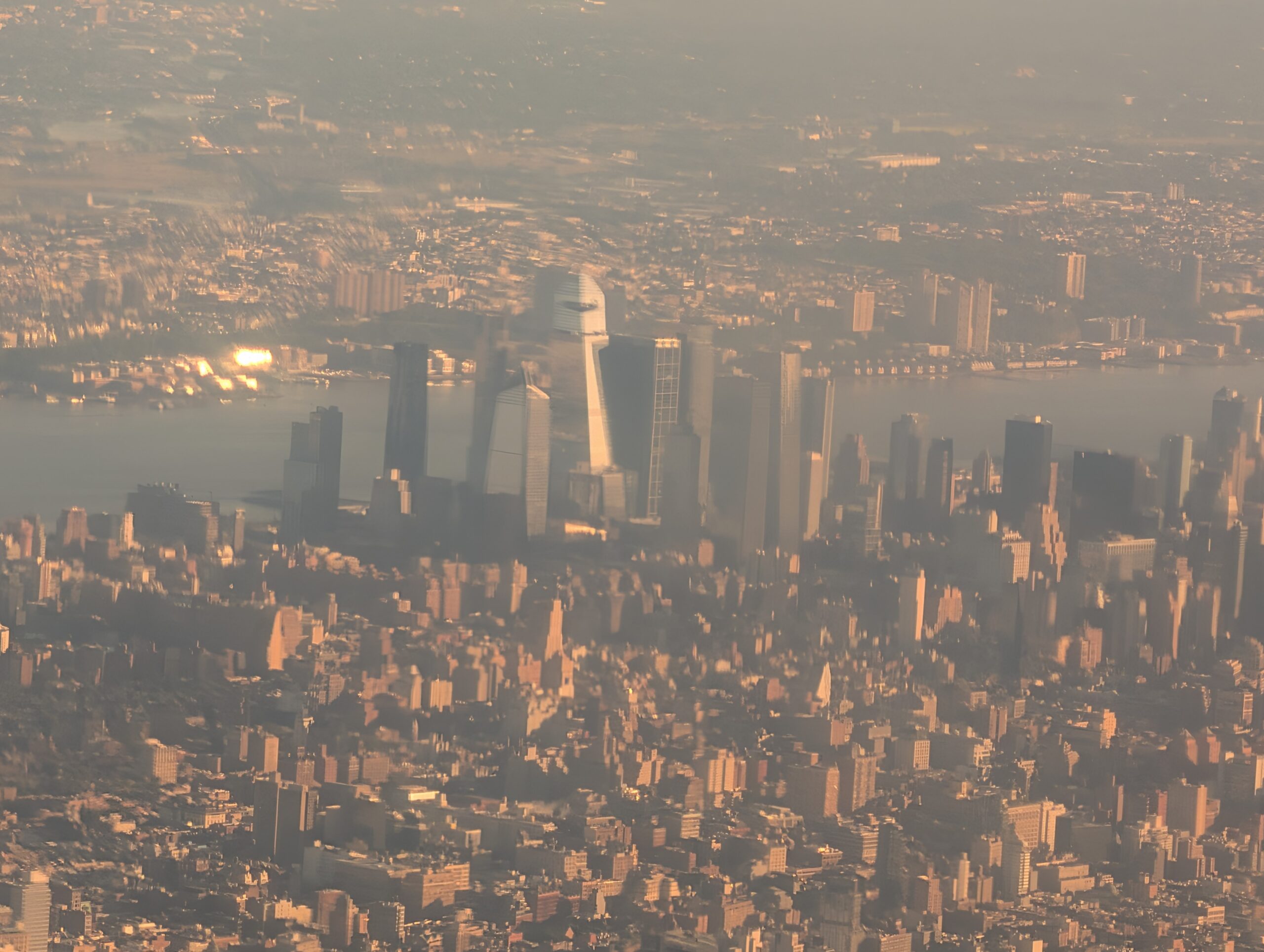 Aerial view of the Manhattan skyline in the morning haze