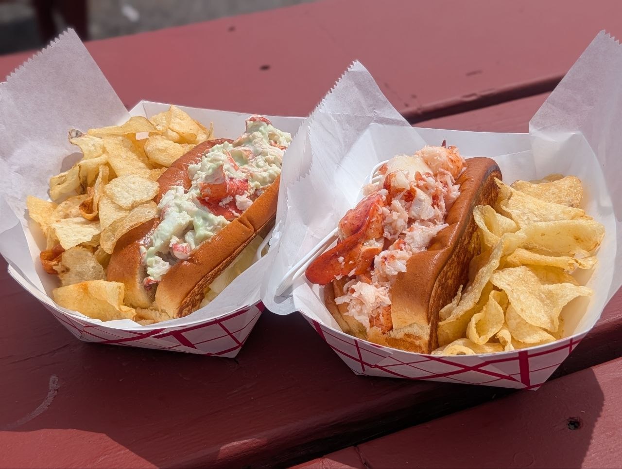 Wasabi and Connecticut (warm-butter) lobster rolls with a side of chips