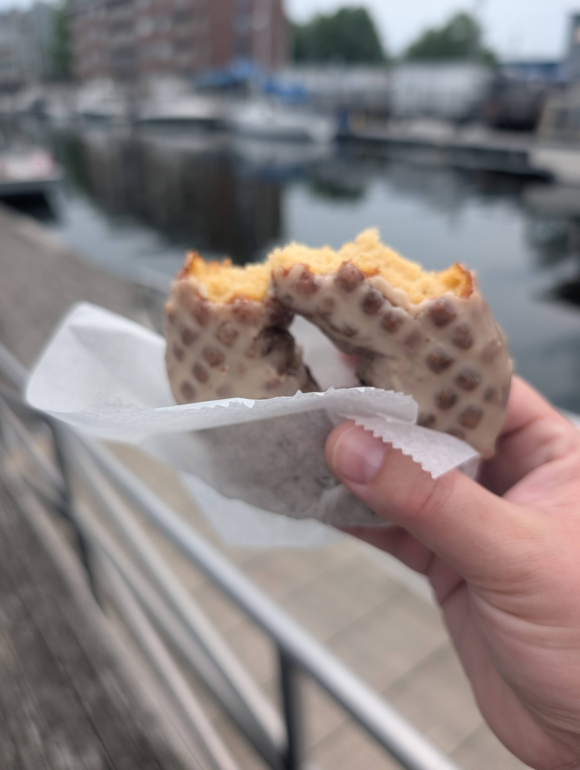 A Holy Donut held up against the Portland harbor