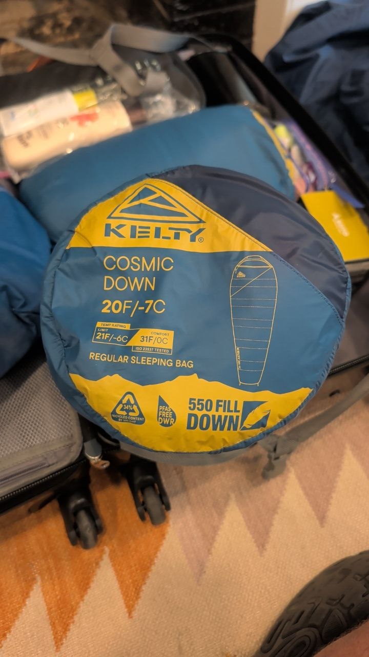 Kelty Cosmic Down 20°F bag compressed in its stuff sack