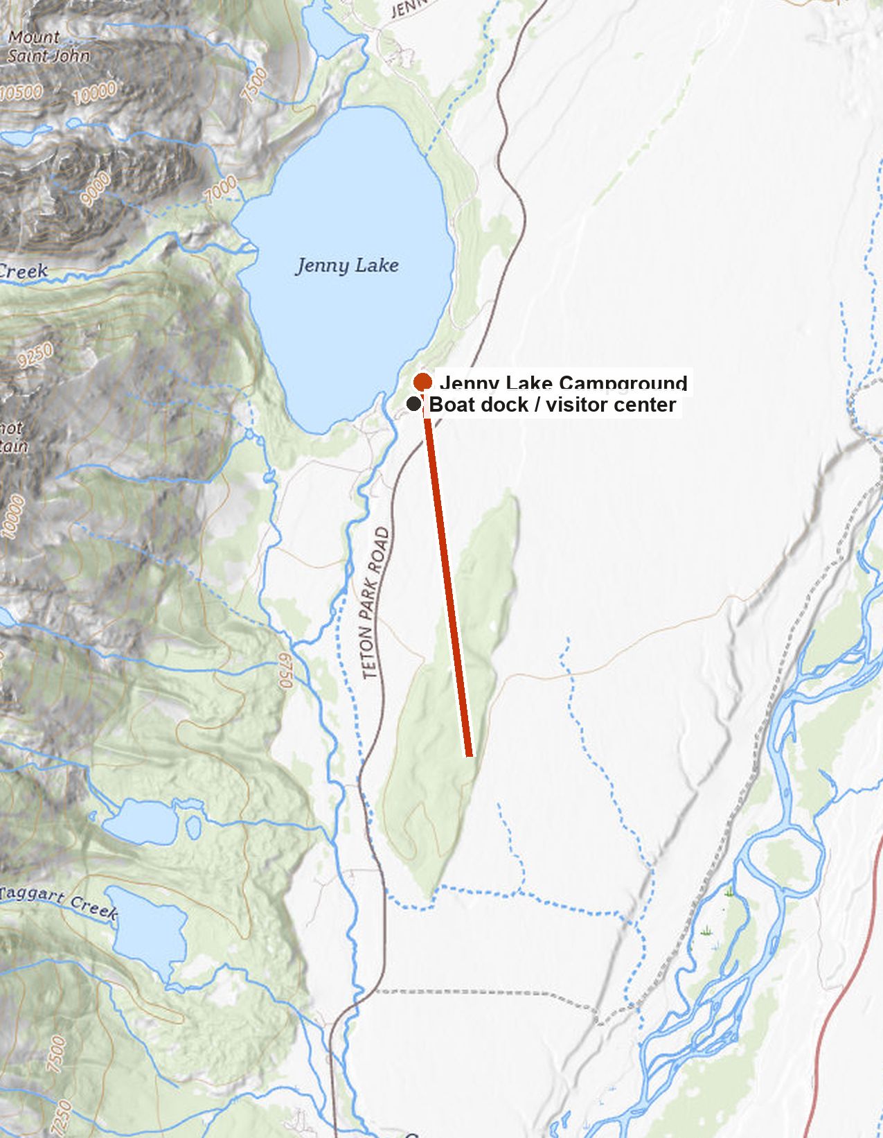 Map of arrival day — Teton Park Road north to Jenny Lake Campground