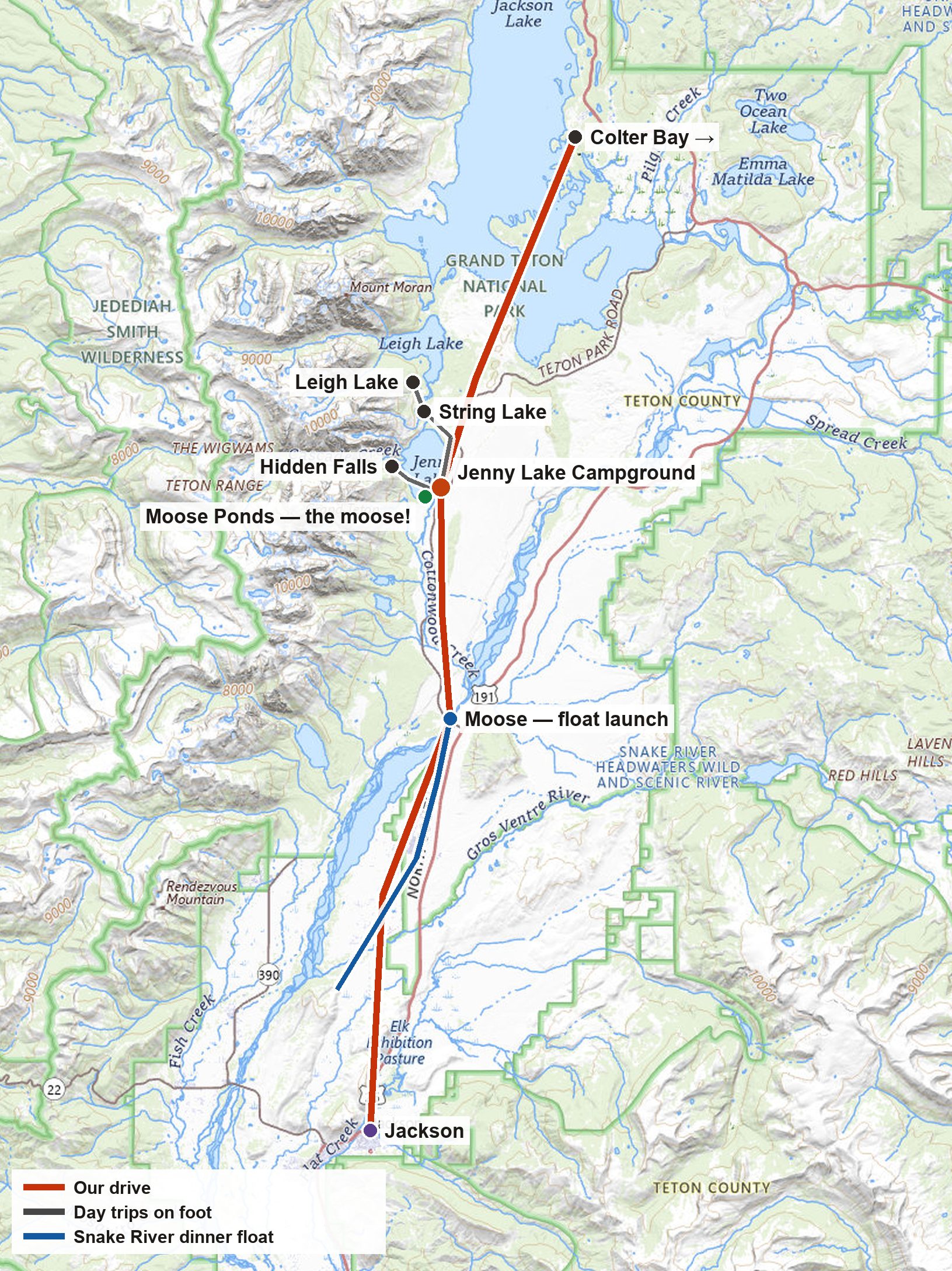Map of the Grand Teton week — Jenny Lake as the base, the day hikes around the lakes, and the Snake River float from Moose