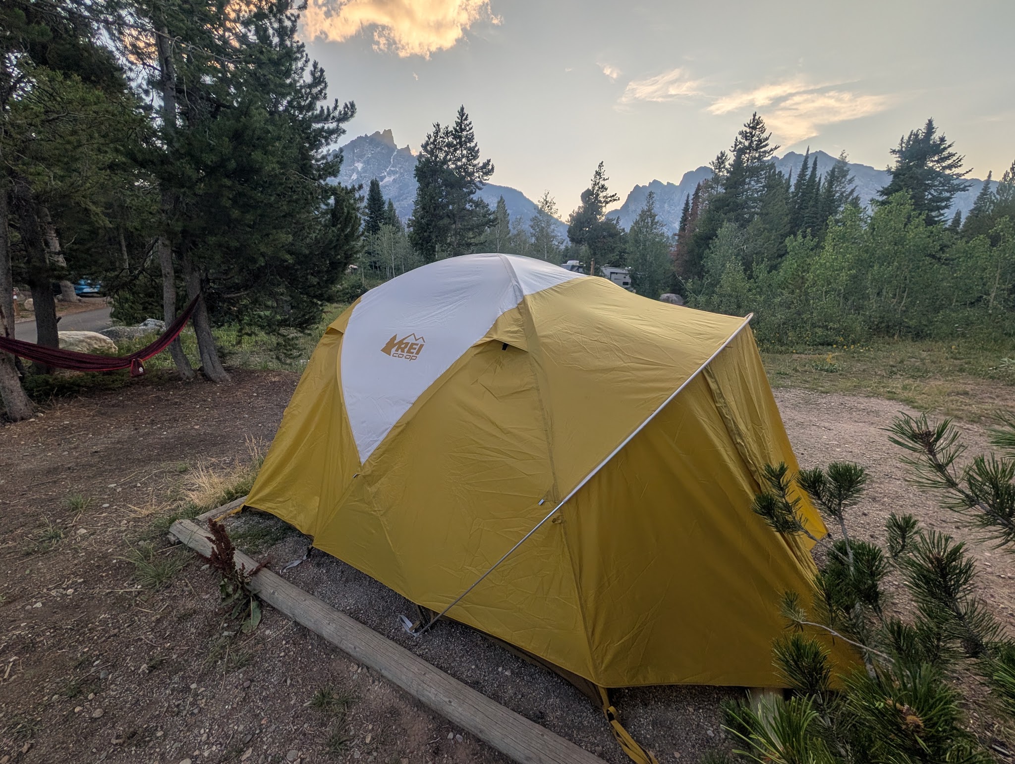 Our tent at Jenny Lake Campground, site 41, at dusk