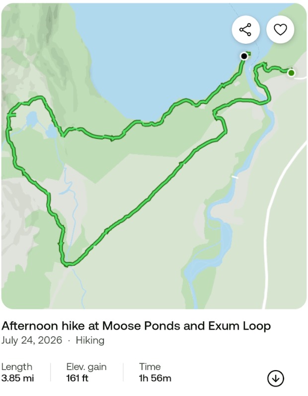 AllTrails record of the Moose Ponds and Exum Loop hike — 3.85 miles, 161 feet of gain, 1 hour 56 minutes