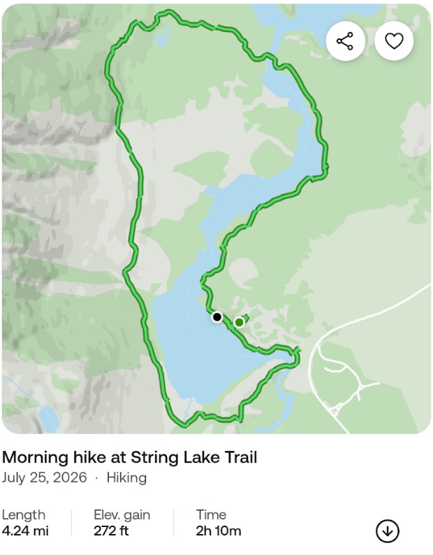 AllTrails record of the String Lake Trail hike — 4.24 miles, 272 feet of gain, 2 hours 10 minutes