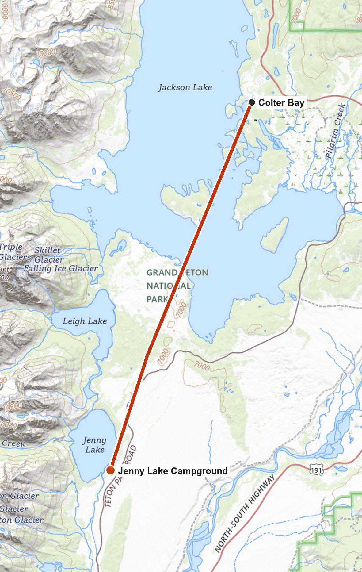 Map of July 27 — Jenny Lake north to Colter Bay and on toward Yellowstone